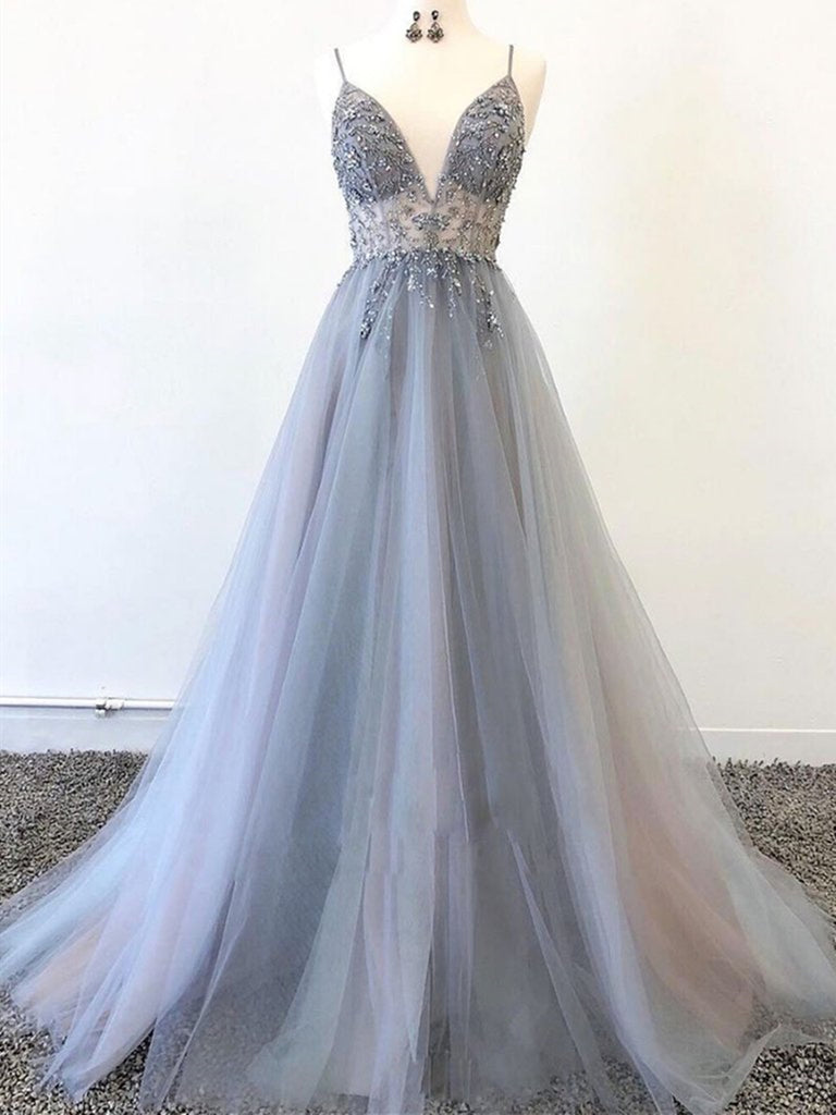 V Neck Silver Grey Beaded Long Prom ...